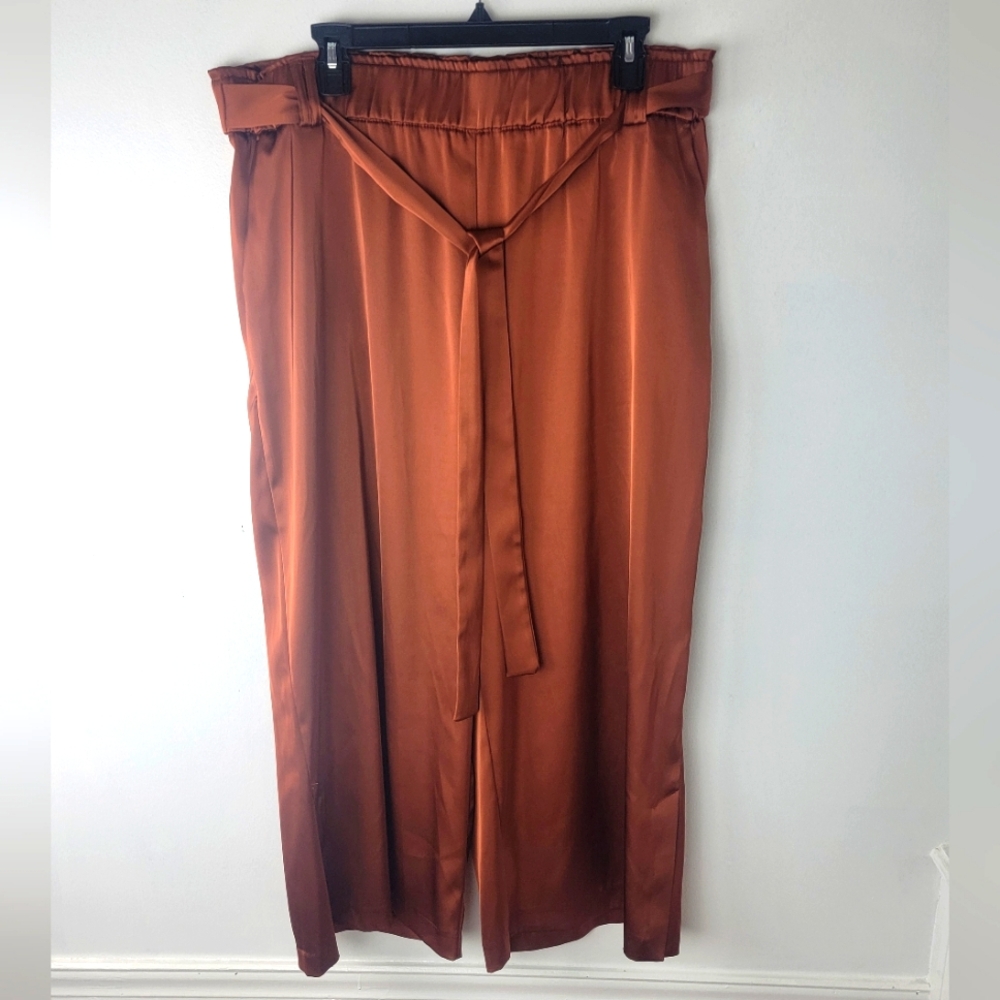 Joie Womens XL Satin Burnt Orange Cropped Wide Leg Flowy Pants Belted Smocked